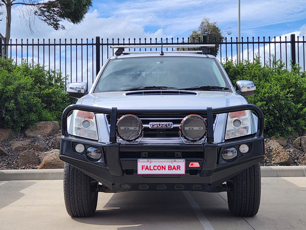 Dmax 2007-2011/ Holden RA7 -  707-02 Falcon Bull Bar Black A-Frame Package (LED Foglight) - SKU MCC-07002-702FOGUP