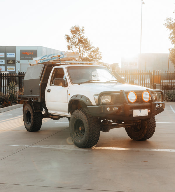 Toyota Hilux 1988-1997 LN105/LN106 (Live) - 707-02 Falcon Bull Bar Black A-Frame Package (LED Foglight) - SKU MCC-01000-702FOG