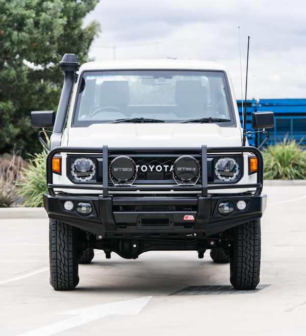 Land Cruiser 70s Series 2024-On - 707-02 Falcon Bull Bar Black A-Frame Package (LED Foglight) - SKU MCC-01024-702FOGUP