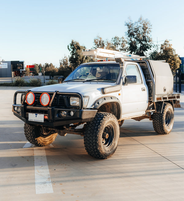 Toyota Hilux 1988-1997 LN105/LN106 (Live) - 707-02 Falcon Bull Bar Black A-Frame Package (LED Foglight) - SKU MCC-01000-702FOG