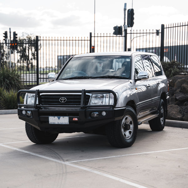 Land Cruiser 100 series 1998-2007  707-02 Falcon Bull Bar Black A-Frame Package (LED Foglight) - SKU MCC-01007-702FOGUP