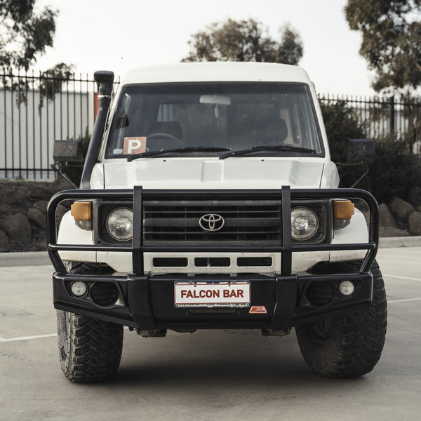 Land Cruiser 70 series 1984-2007 707-02 Falcon Bull Bar Black A-Frame Package (LED Foglight) - SKU MCC-01003-702FOG