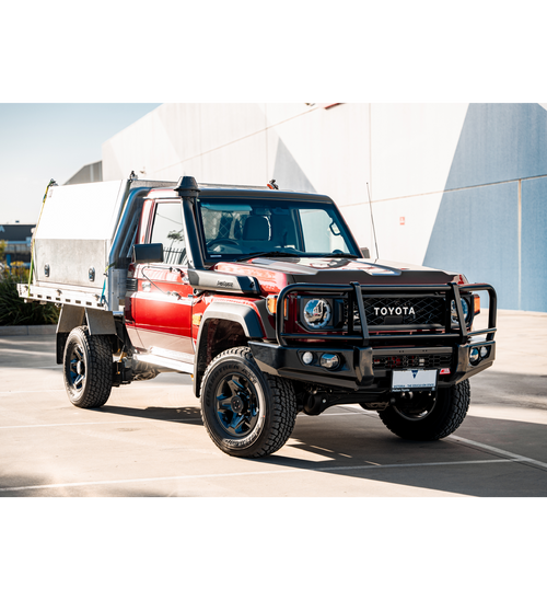 Land Cruiser 70s Series 2024-On - 707-02 Falcon Bull Bar Black A-Frame Package (LED Foglight) - SKU MCC-01024-702FOGUP