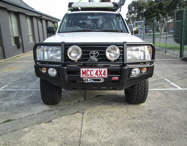 Land Cruiser 100 series 1998-2007  707-02 Falcon Bull Bar Black A-Frame Package (LED Foglight) - SKU MCC-01007-702FOGUP