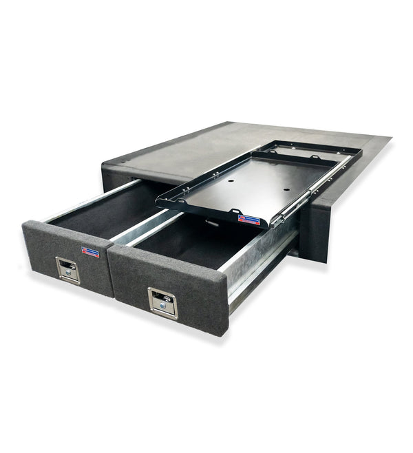 Land Cruiser 80 series 1990-1998 4402 Galvanised Steel Carpet Dual Drawer System with Medium Fridge Slide Package - SKU MCC-01006-4402M