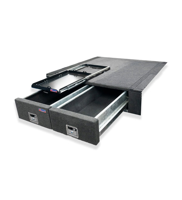 Land Cruiser 80 series 1990-1998 4402 Galvanised Steel Carpet Dual Drawer System with Small Fridge Slide Package - SKU MCC-01006-4402S